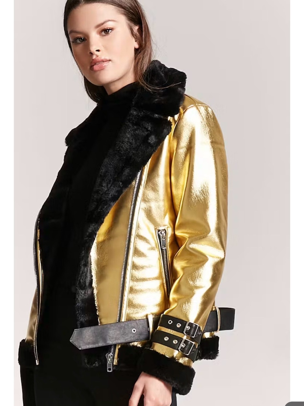 Forever 21 Gold and Black Faux Fur Moto Jacket